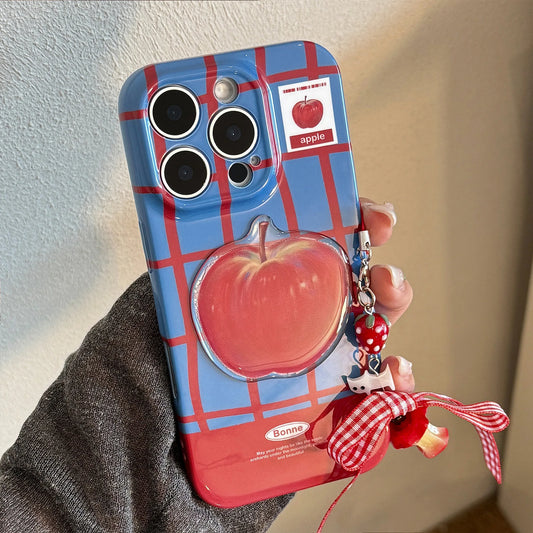 Korean Cute 3D Red Apple Lattice Phone Case With Chain For iPhone 17 16 15 14 13 12 11 Pro Max XS XR X 7 8 Plus Shockproof Cover - Ice Cream Cake