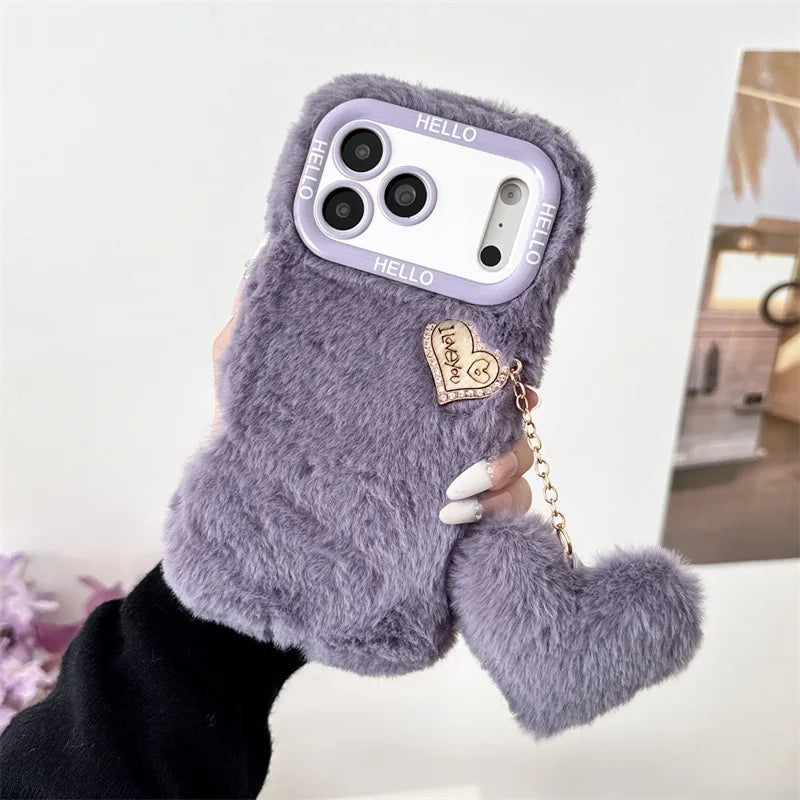 Faux Fur Fuzzy Heart Charm iPhone Case