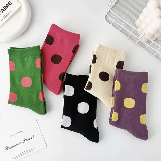 5 Pairs Comfort Rainbow Polka Dot Socks Casual Japanese Dot Sweat Retro Modern Women Mid tube Sweet Style Skin Friendly Sweat - Ice Cream Cake