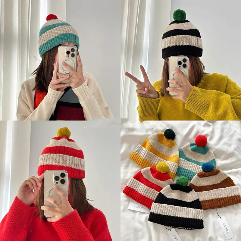 Pom Pom Striped Beanie Hat (9 Colours)