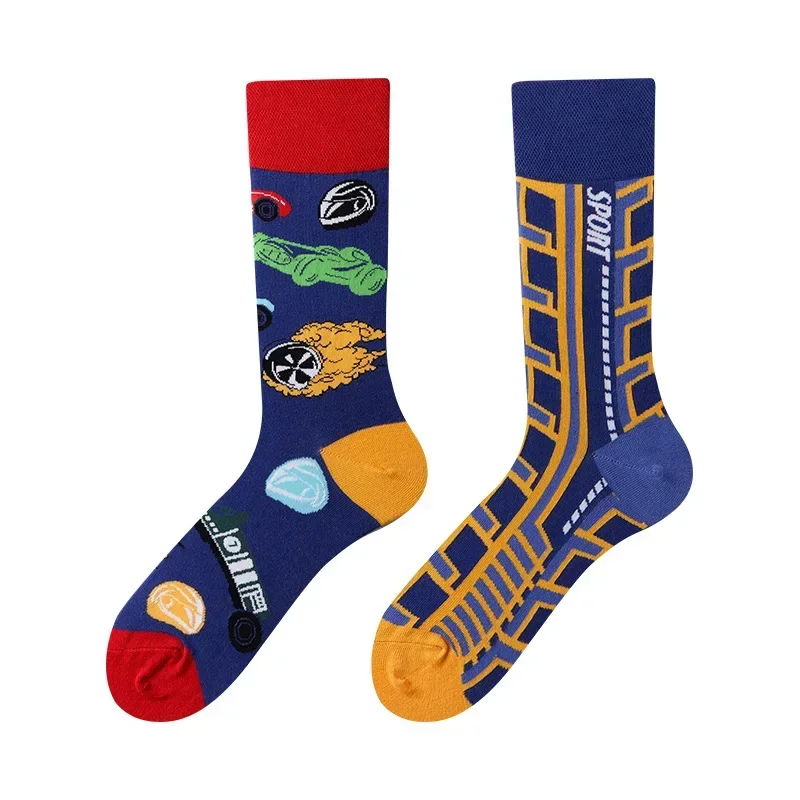 Two colorful socks with unique patterns on a white background