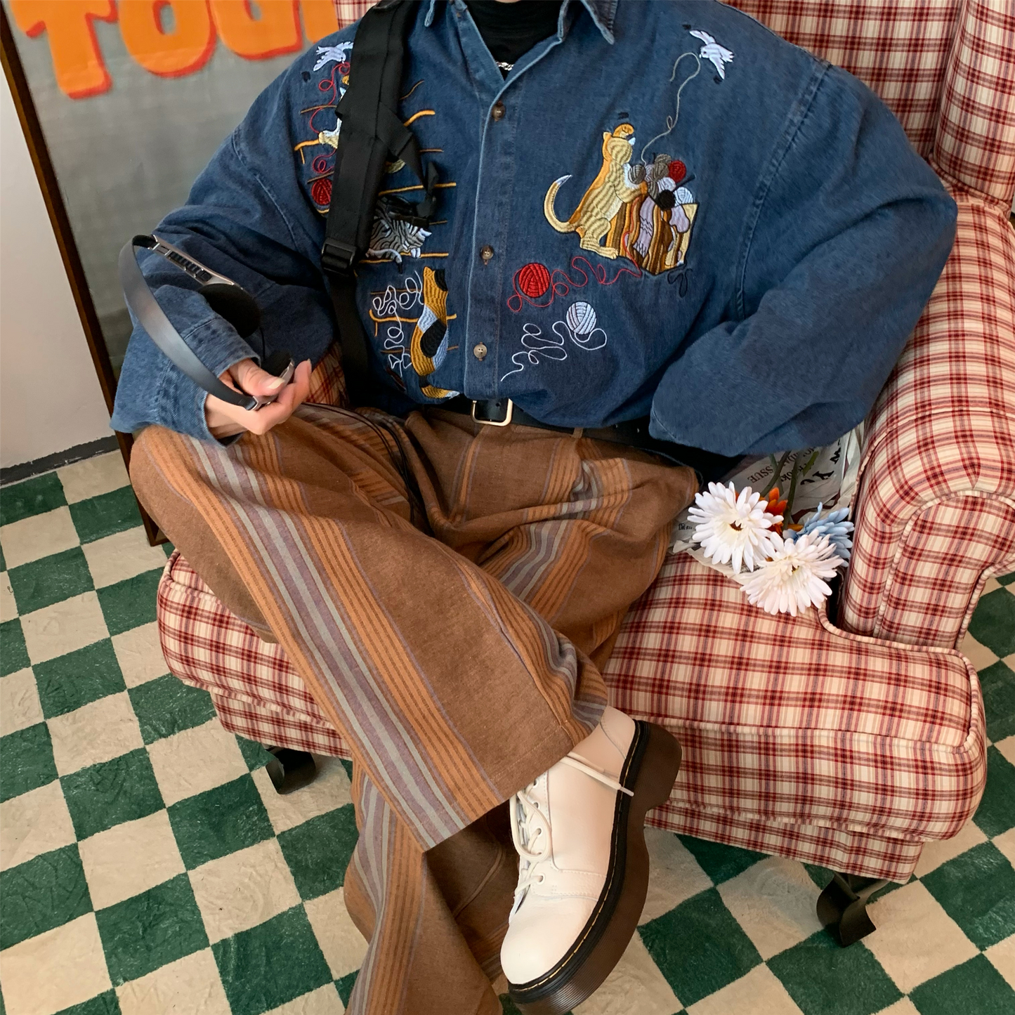 Cat Tower Embroidered Denim Shirt