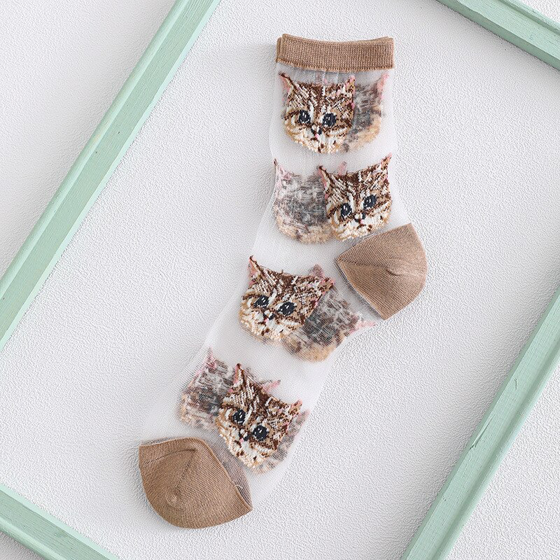 Sheer Embroidered Cat Face Socks (8 Colours) - Ice Cream Cake