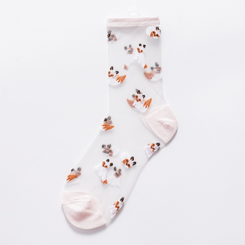 Sheer Embroidered Fox Pattern Crew Socks (2 Colours)