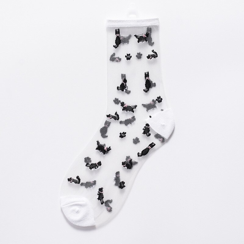 Sheer Embroidered Cat Pattern Crew Socks (2 Colours) - Ice Cream Cake