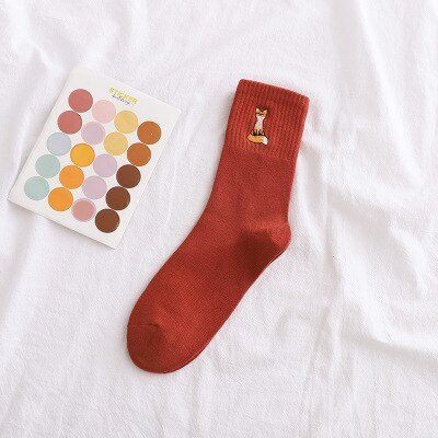 Fox Embroidery Crew Socks (5 Colours) - Ice Cream Cake