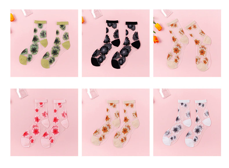 Sheer Flower Pattern Crew Socks