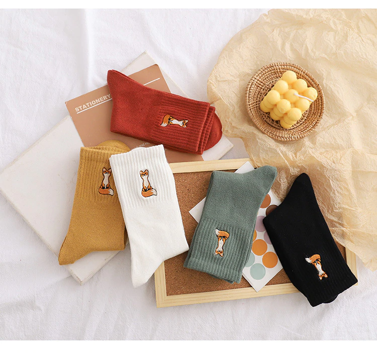 Fox Embroidery Crew Socks (5 Colours)