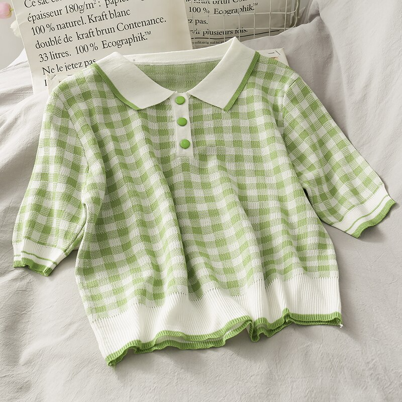 Pastel Gingham Knit Polo Shirt (4 Colours)