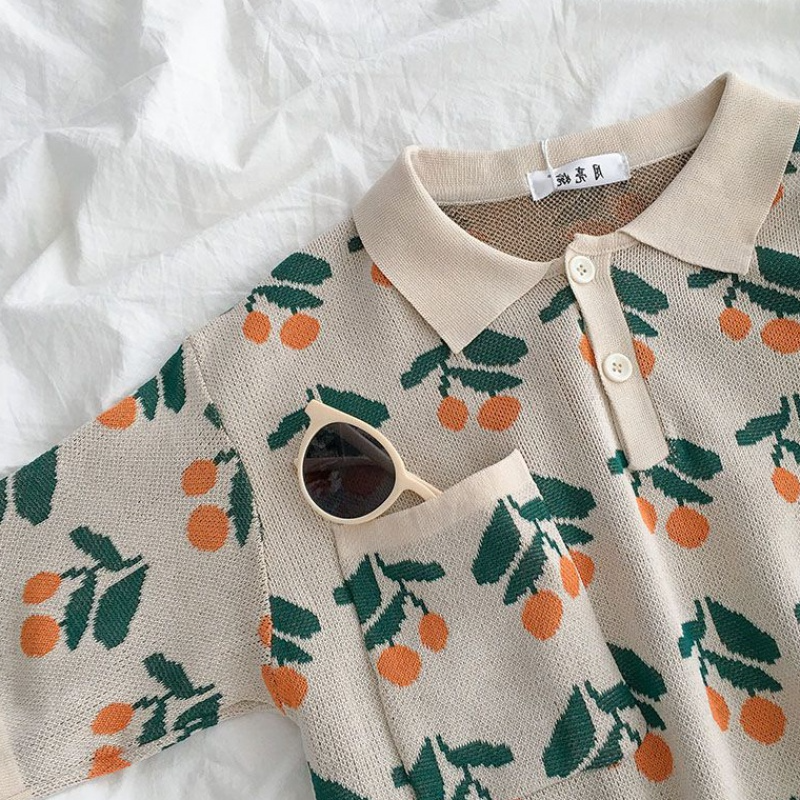 Drawstring Cherry Pattern Polo Shirt (2 Colours) - Ice Cream Cake