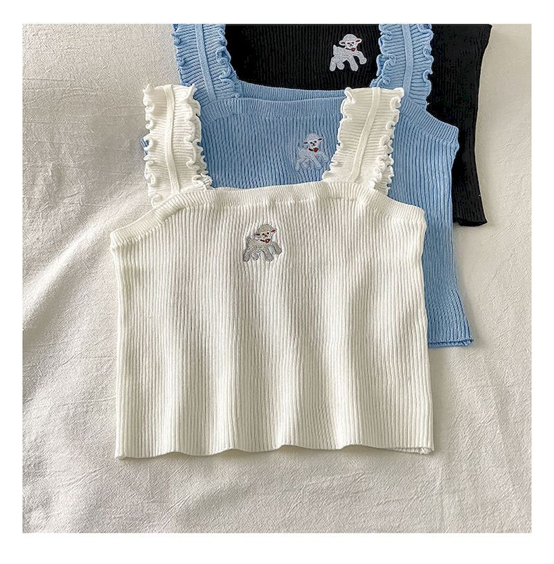 Lamb Embroidery Knitted Ruffle Crop Top (3 Colours)