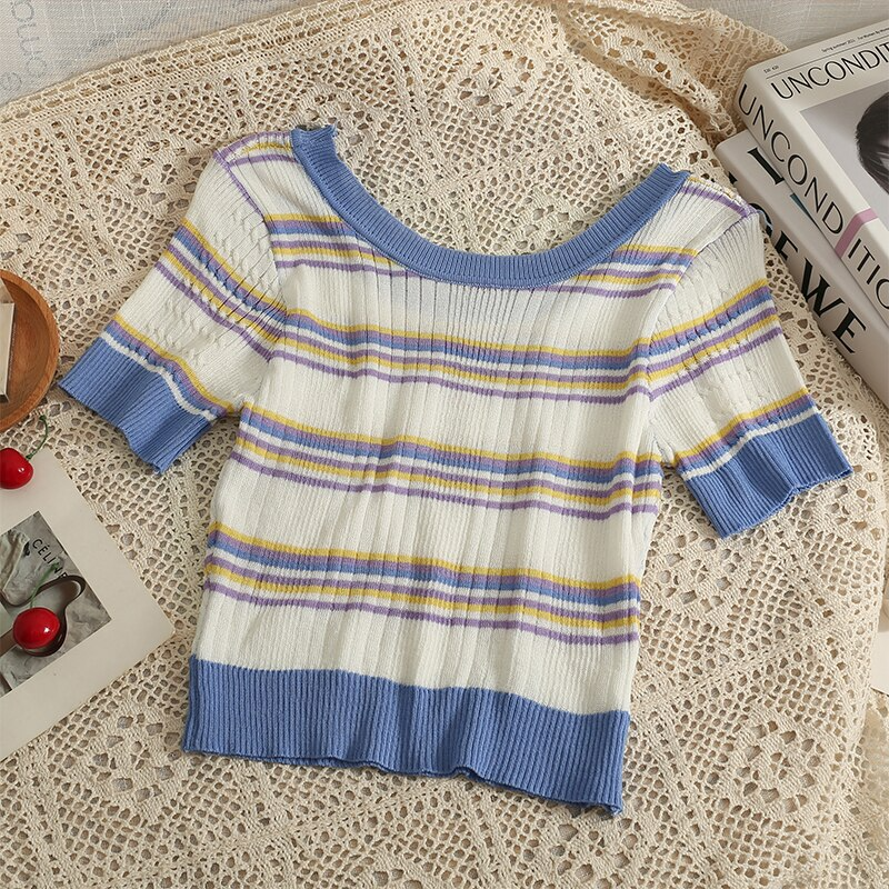 Striped Knitted Cherry Embroidery Tee (2 Colours)
