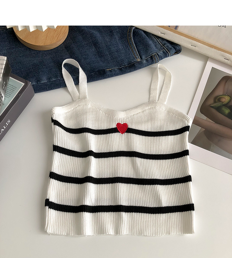 Heart Embroidery Stripe Knit Spaghetti Strap Top (5 Colours)