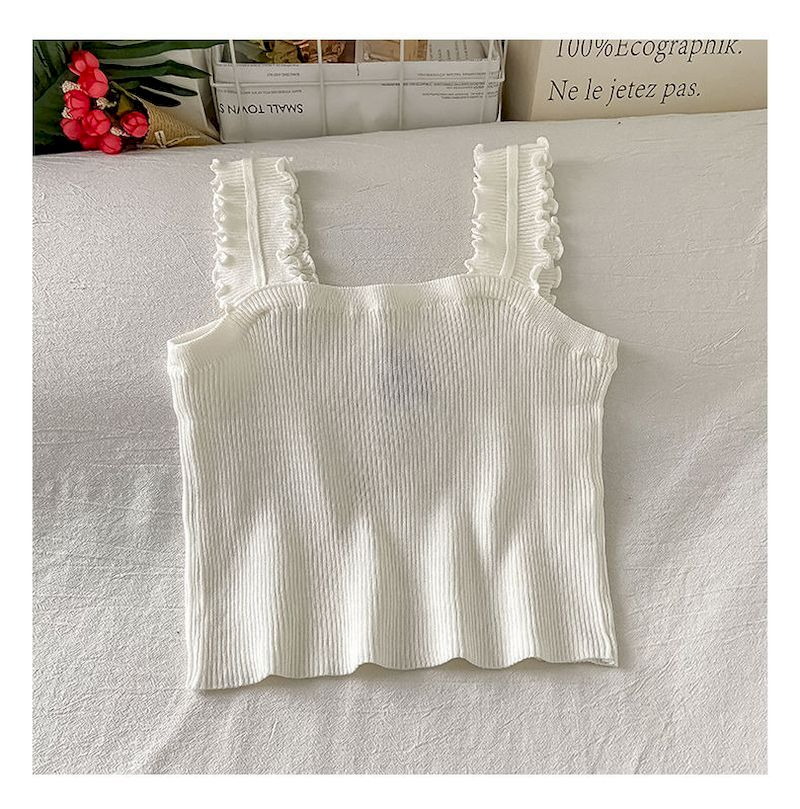 Lamb Embroidery Knitted Ruffle Crop Top (3 Colours)