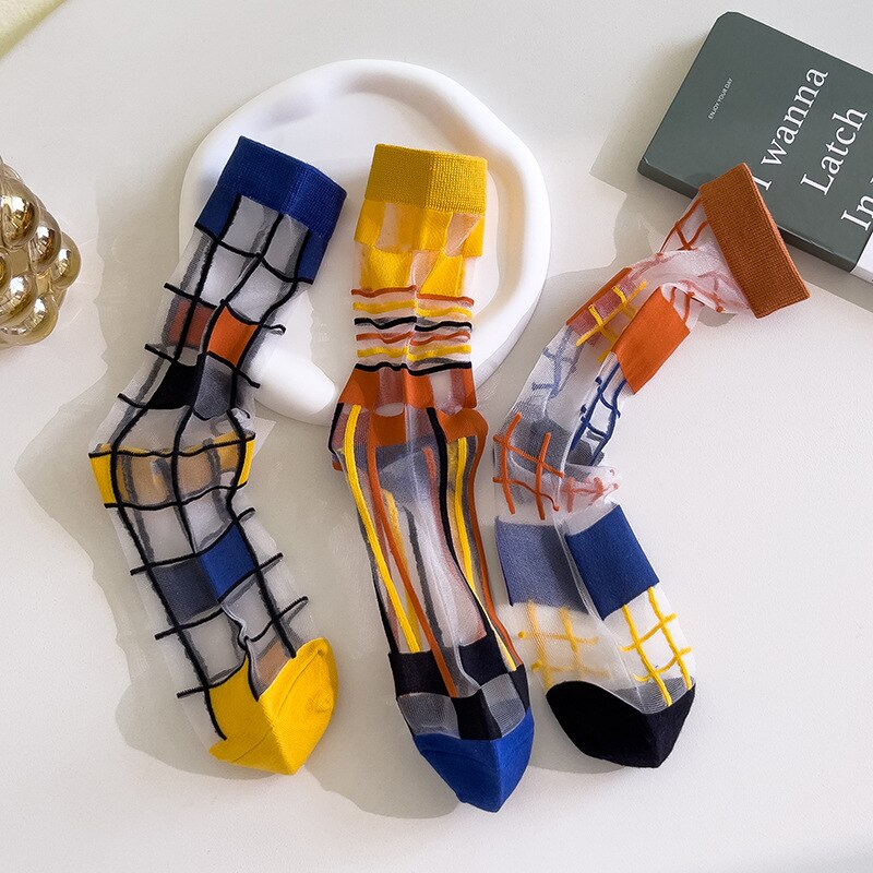 Transparent Mondrian Pattern Crew Socks (3 Designs)