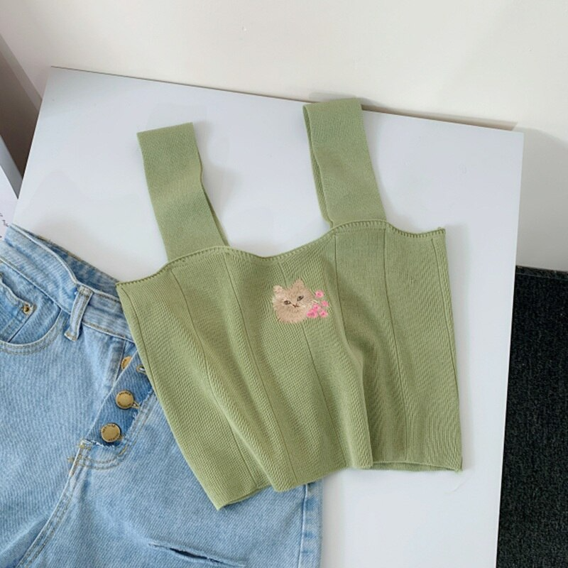 Flower Cat Embroidery Knitted Crop Top (6 Colours)