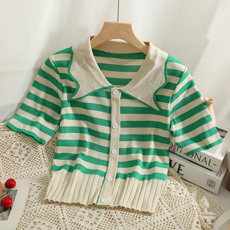 Pointed Collar Striped Knit Polo Shirt (5 Colours)