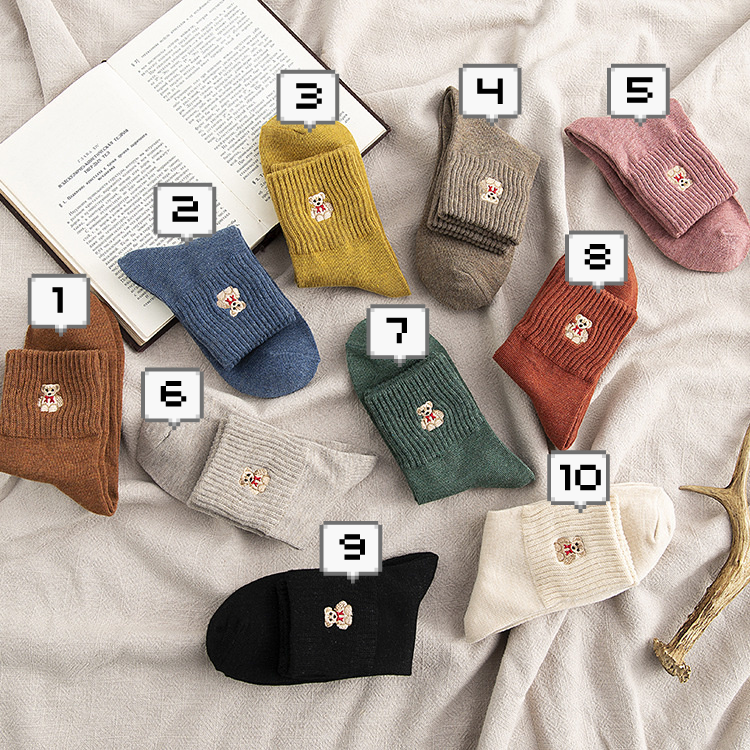 Teddy Bear Embroidery Crew Socks (10 Colours)