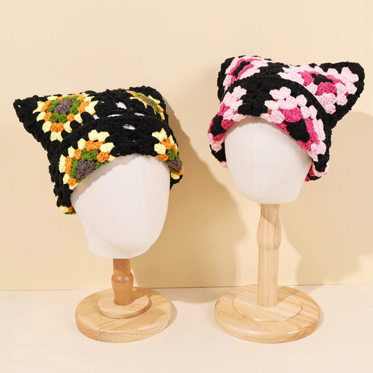 Crochet Granny Square Kitty Ear Beanie Hat (9 Colours) - Ice Cream Cake