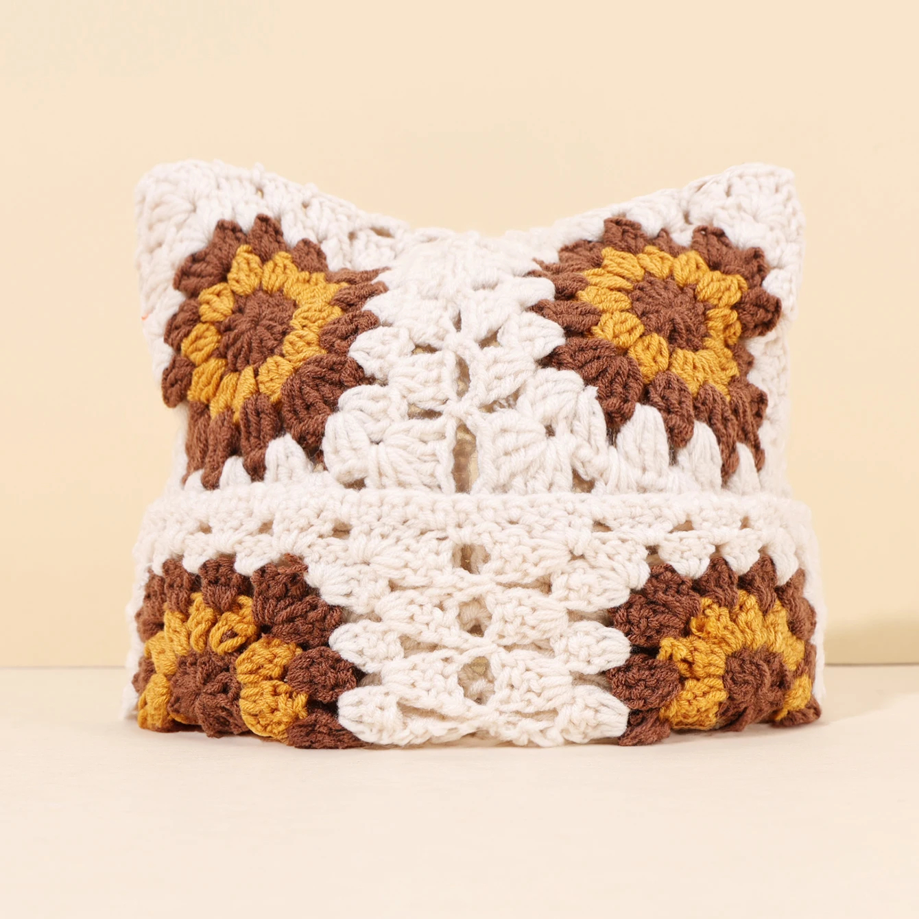 Crochet Granny Square Kitty Ear Beanie Hat (9 Colours) - Ice Cream Cake