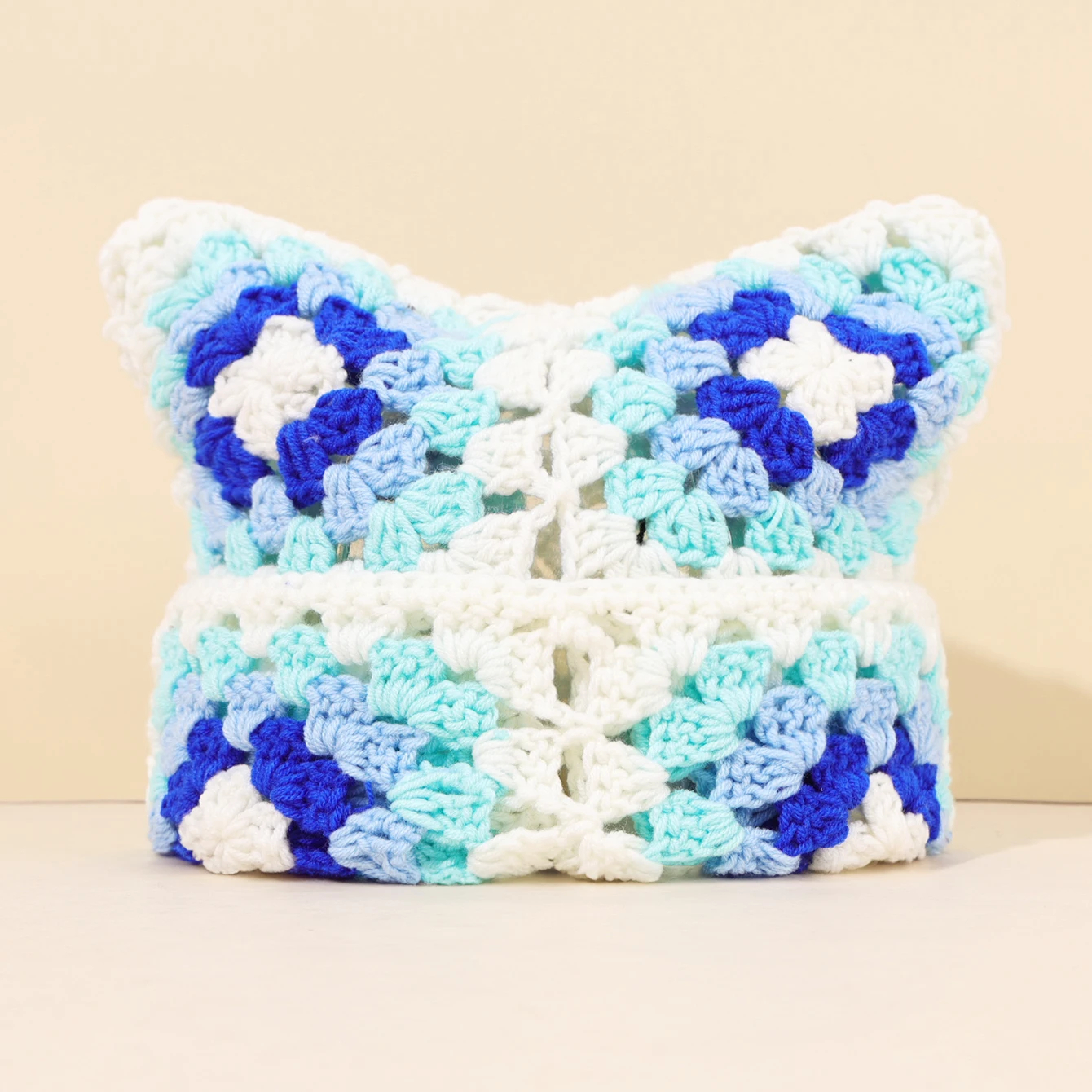 Crochet Granny Square Kitty Ear Beanie Hat (9 Colours) - Ice Cream Cake