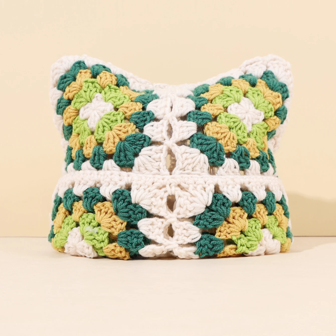 Crochet Granny Square Kitty Ear Beanie Hat (9 Colours) - Ice Cream Cake