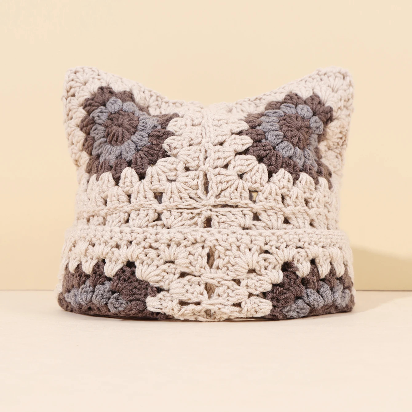 Crochet Granny Square Kitty Ear Beanie Hat (9 Colours) - Ice Cream Cake