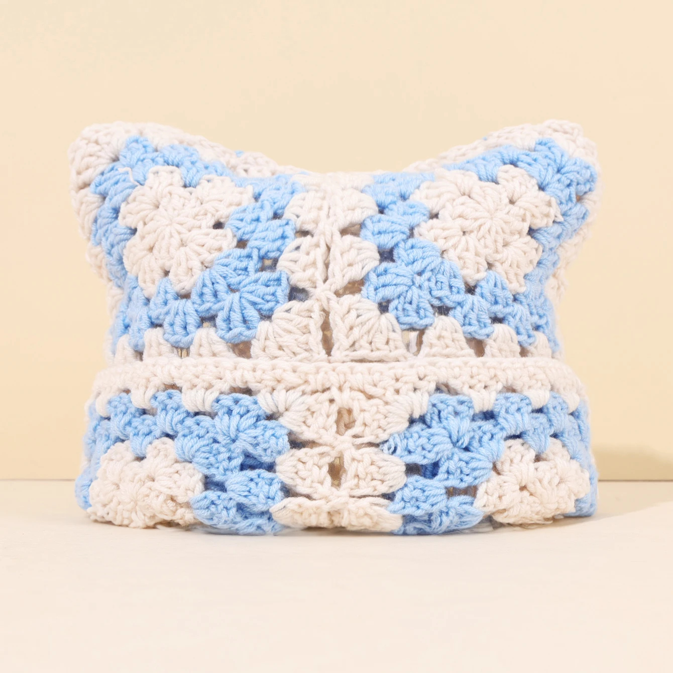 Crochet Granny Square Kitty Ear Beanie Hat (9 Colours) - Ice Cream Cake