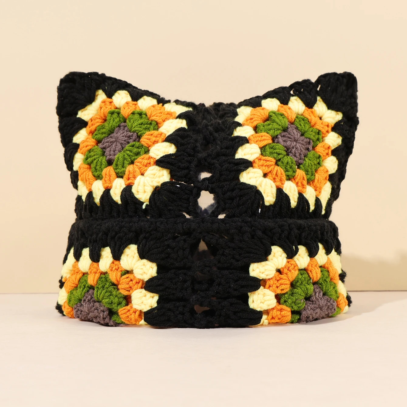 Crochet Granny Square Kitty Ear Beanie Hat (9 Colours) - Ice Cream Cake
