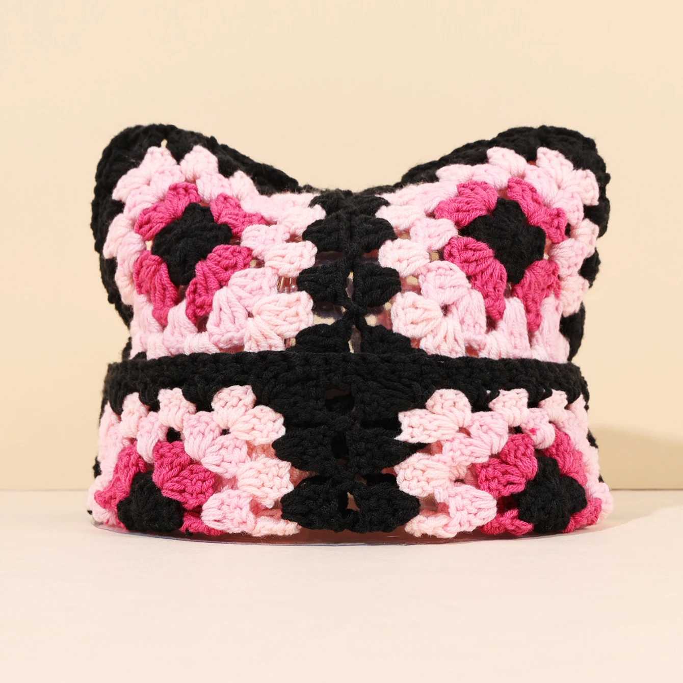 Crochet Granny Square Kitty Ear Beanie Hat (9 Colours) - Ice Cream Cake