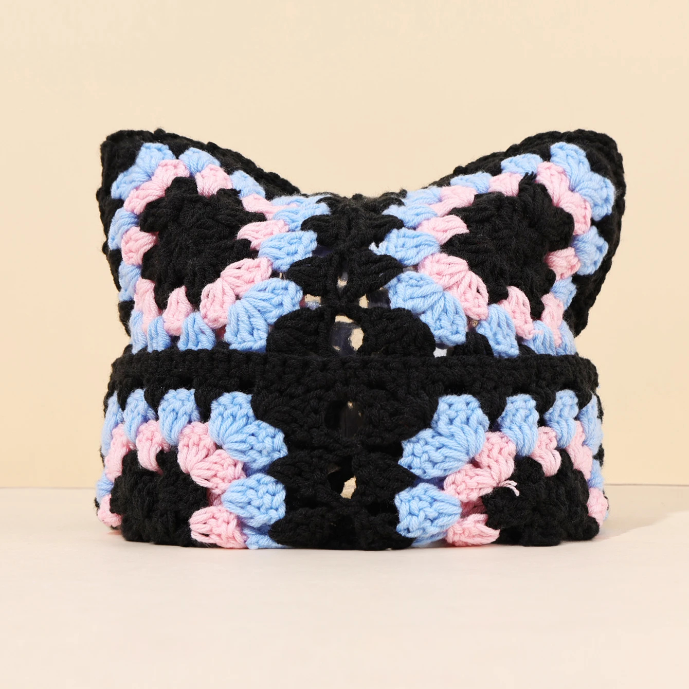 Crochet Granny Square Kitty Ear Beanie Hat (9 Colours) - Ice Cream Cake