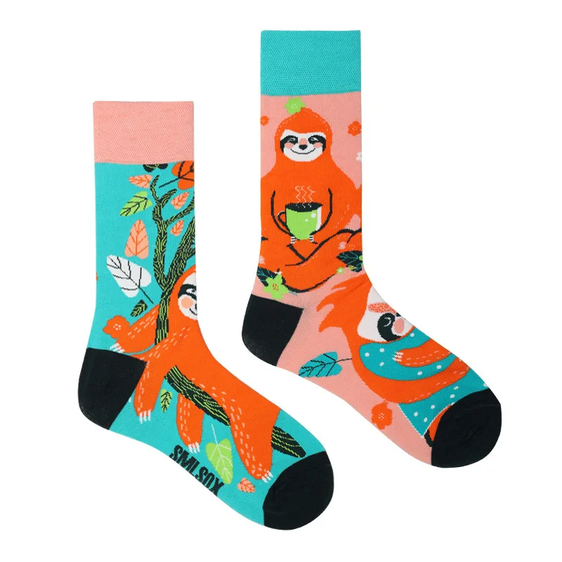 Colorful socks with sloth design on a white background