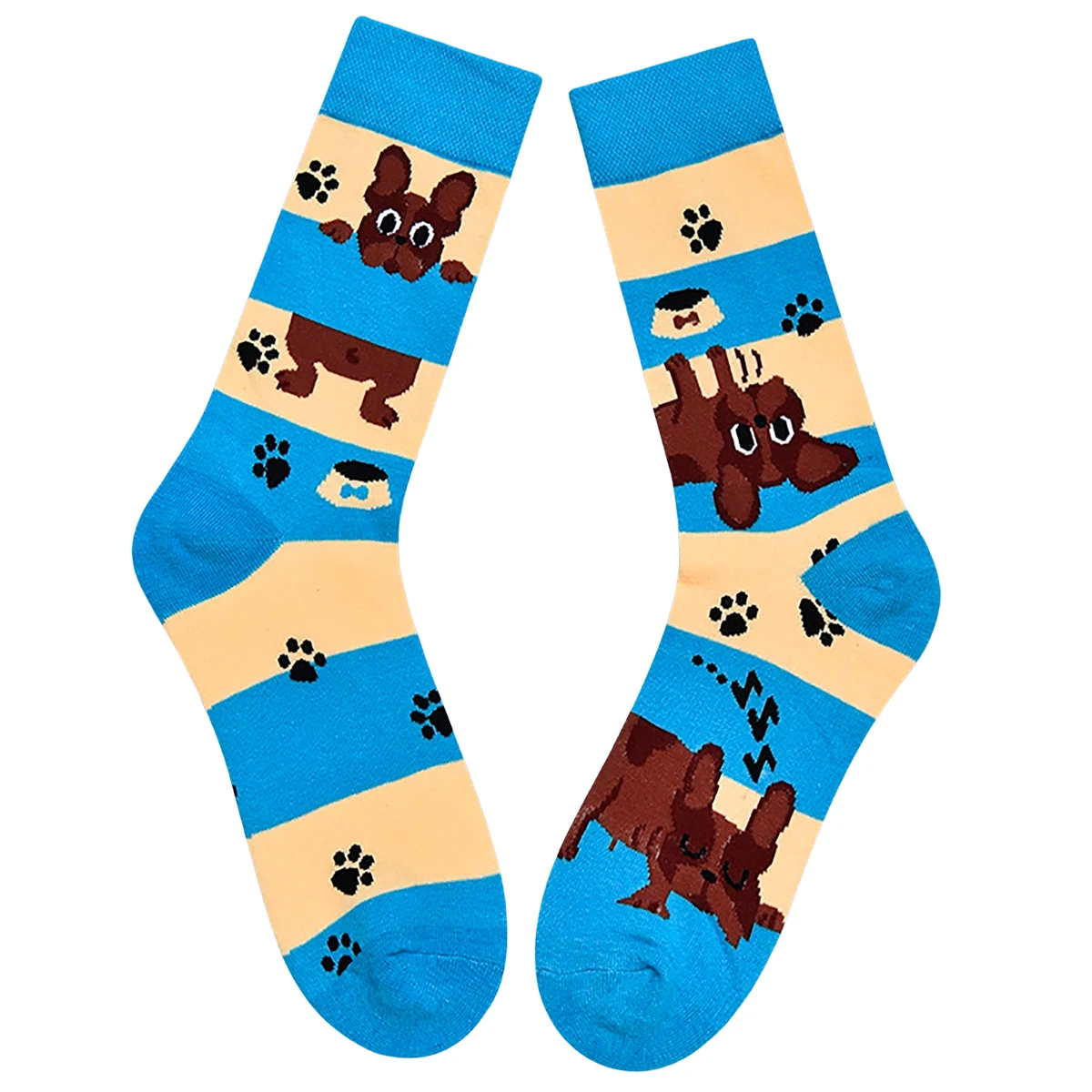 Pair of socks with dog and paw print design on a white background
