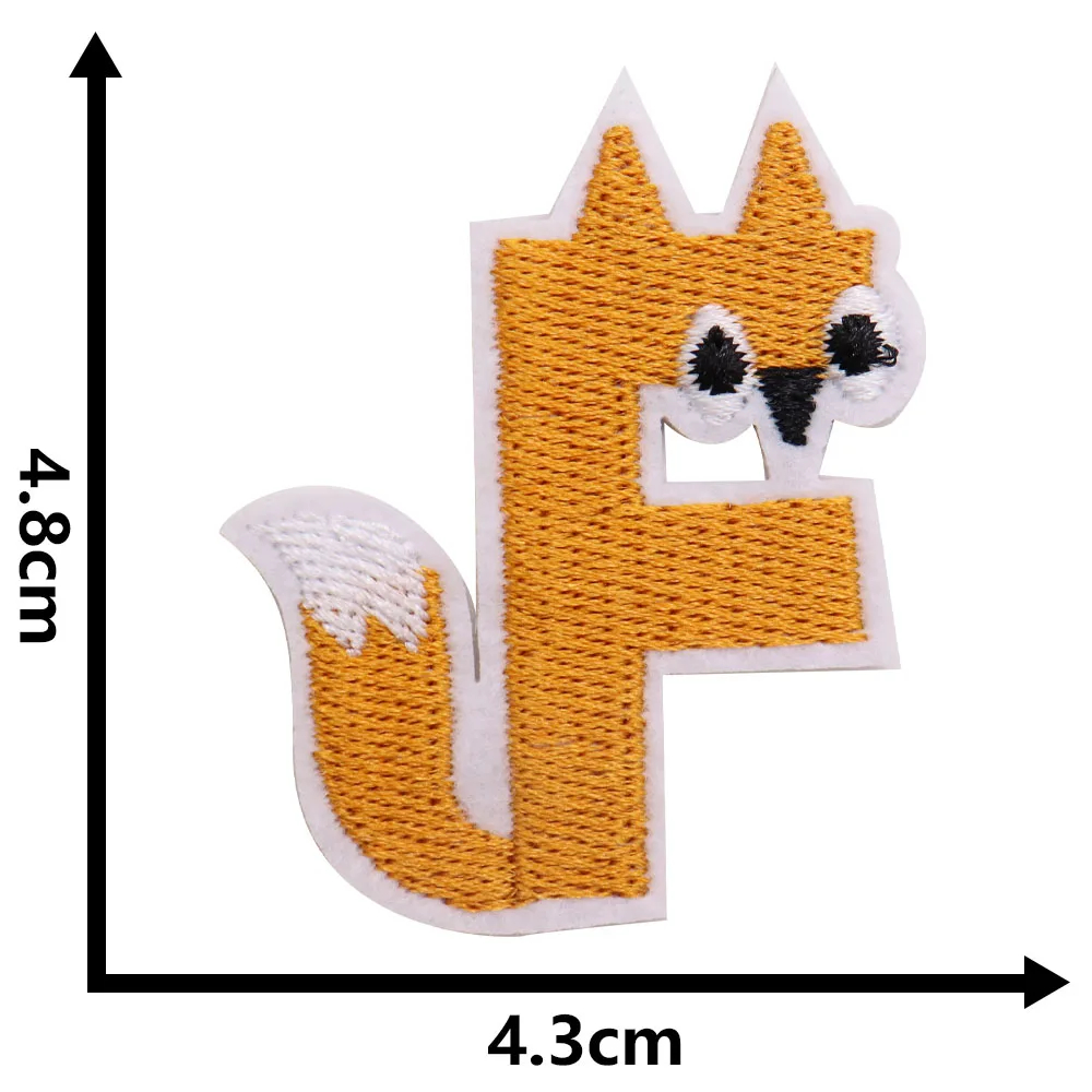 Embroidered patch of a fox letter 'F' with dimensions on a white background