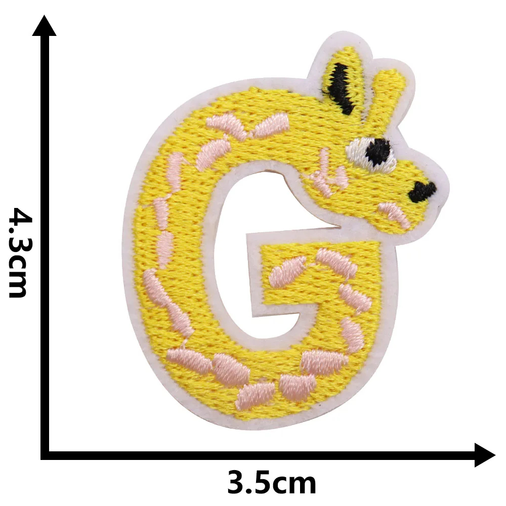 Embroidered patch with letter 'G' shaped like a yellow giraffe, with dimensions indicated.