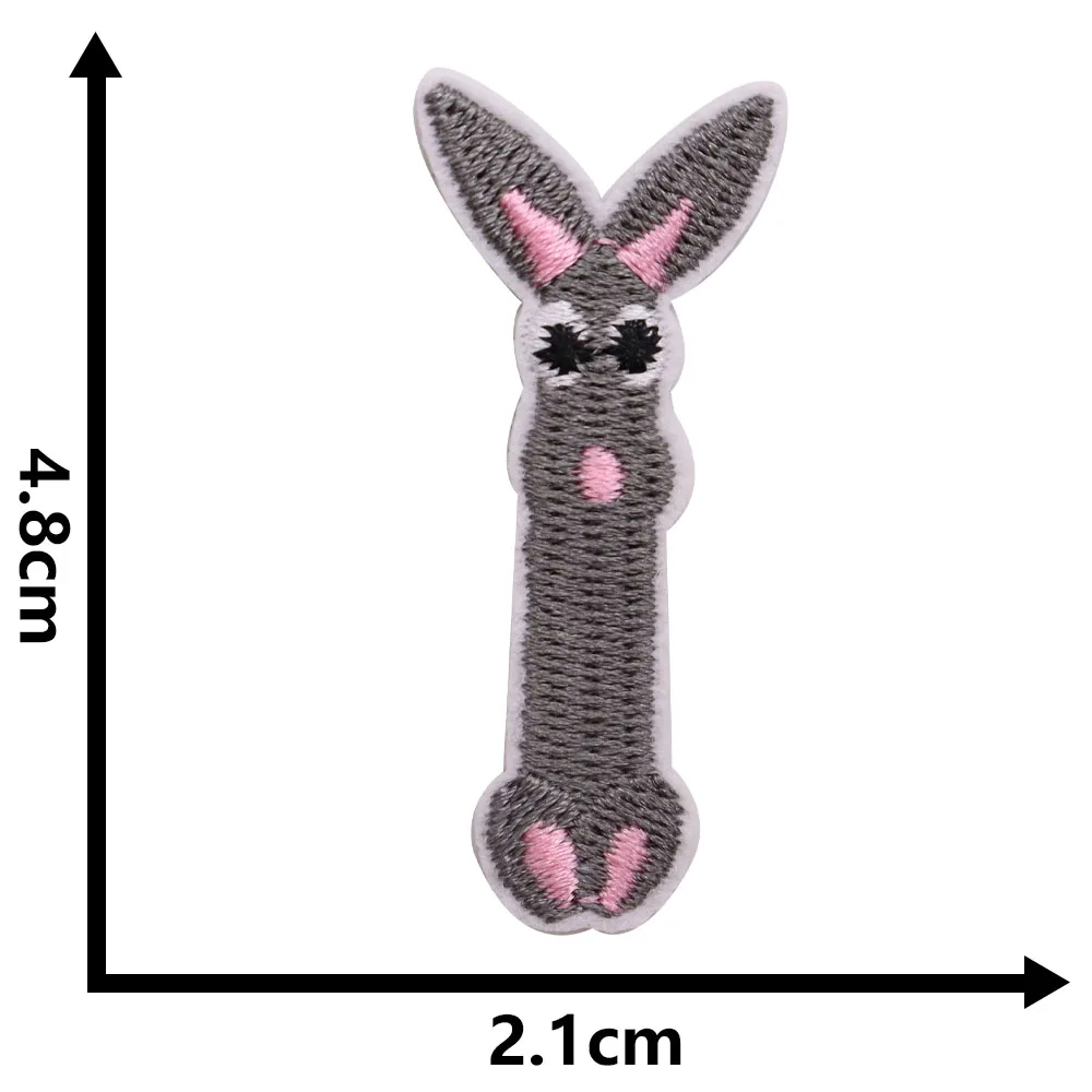 Embroidered patch of a rabbit with measurements on a white background