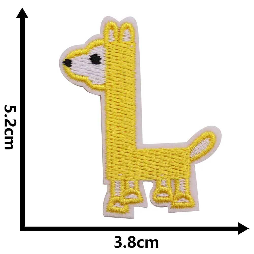Yellow cartoon-like llama patch with dimensions on a white background