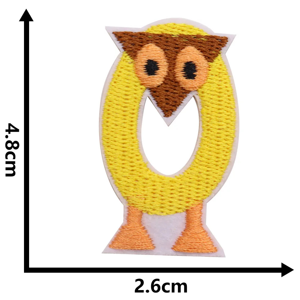Yellow owl-shaped patch with dimensions 4.8cm x 2.6cm on a white background