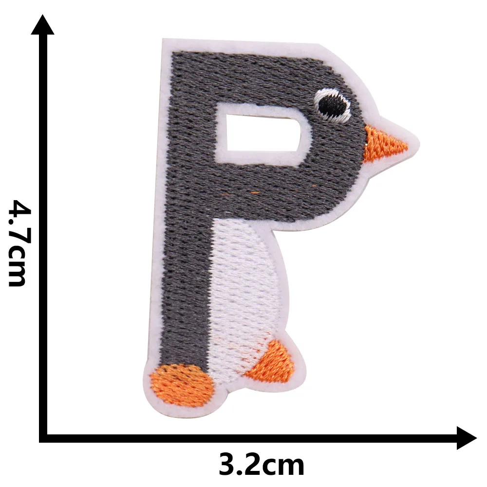 Embroidered patch shaped like the letter 'P' with a penguin design, shown with dimensions on a white background.