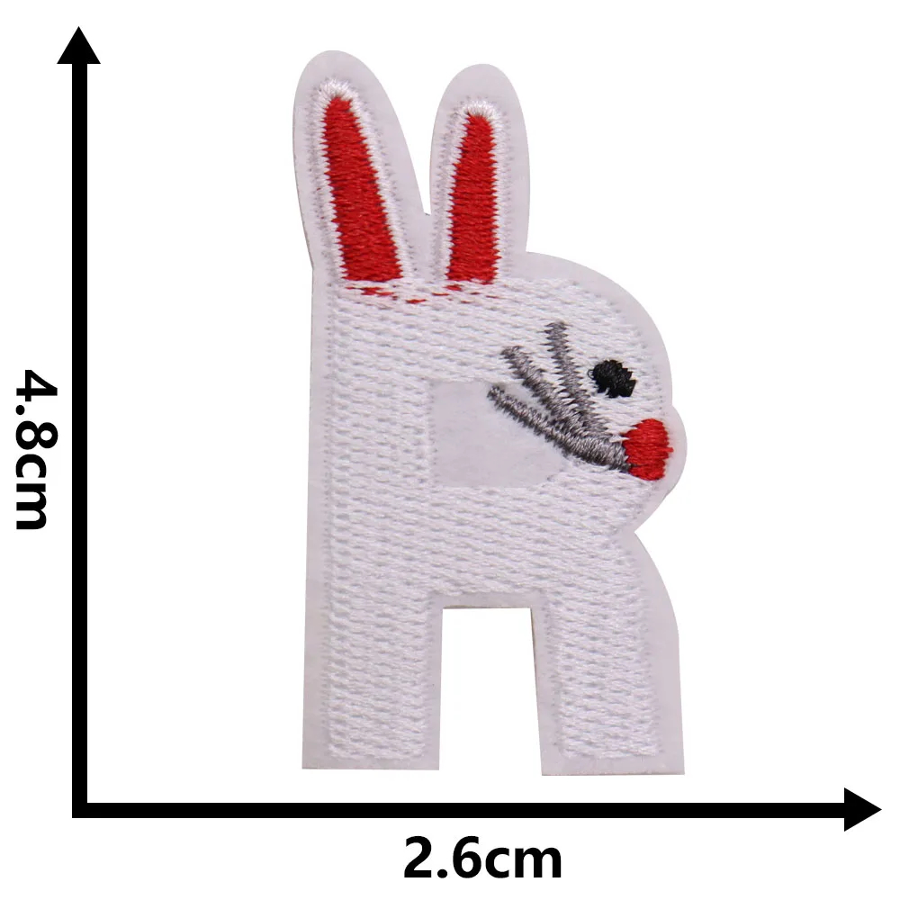 White embroidered bunny patch with red ears and black nose, shown with dimensions on a white background.