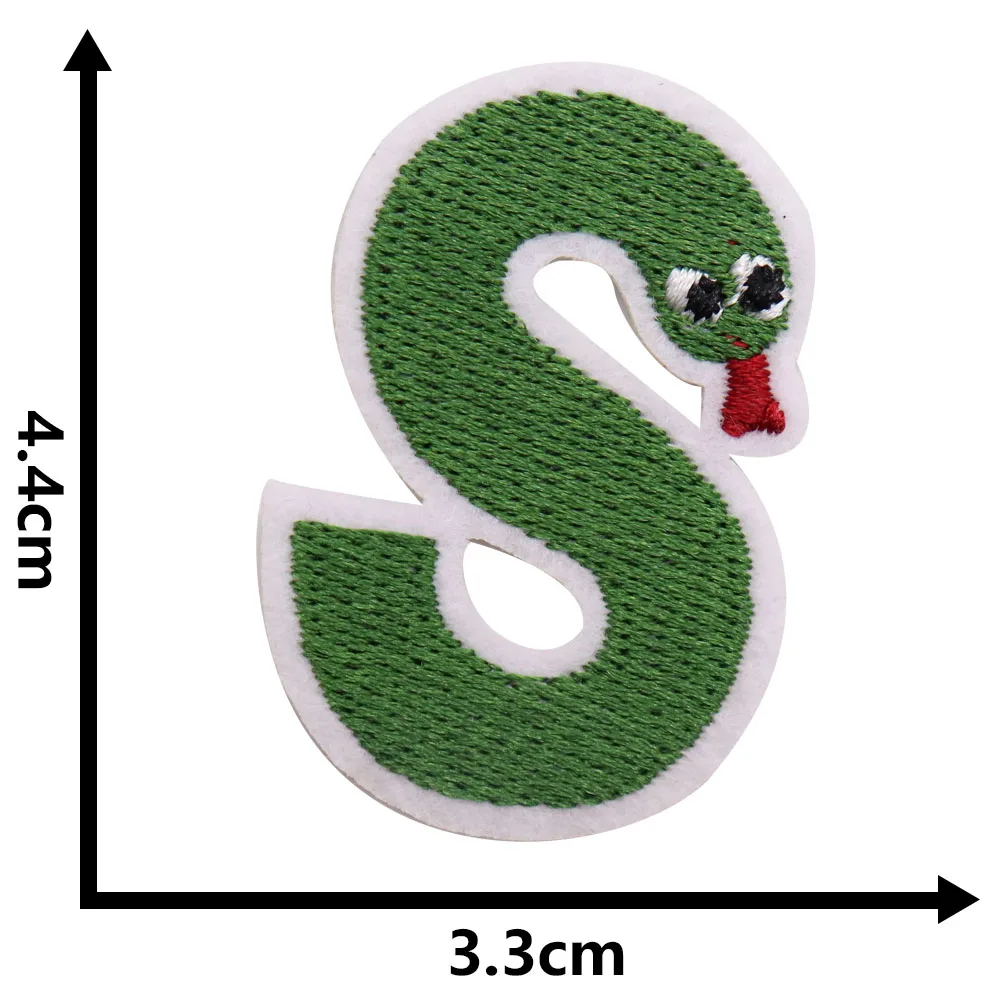 Green letter 'S' with a snake design and measurements on a white background