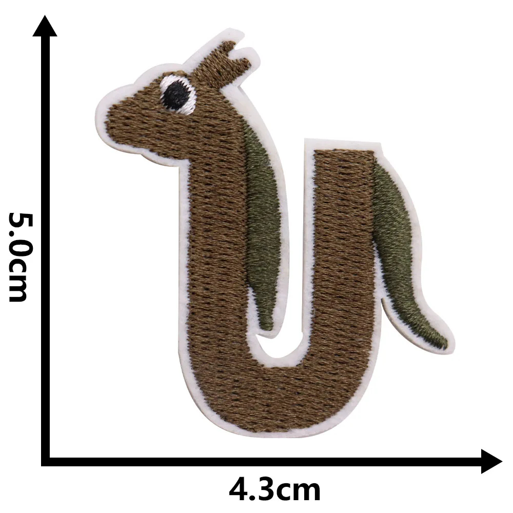Embroidered patch of a snake with dimensions indicated on a white background