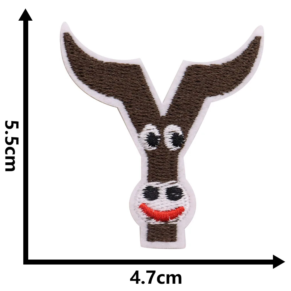 Embroidered patch of a cartoon yak with dimensions on a white background