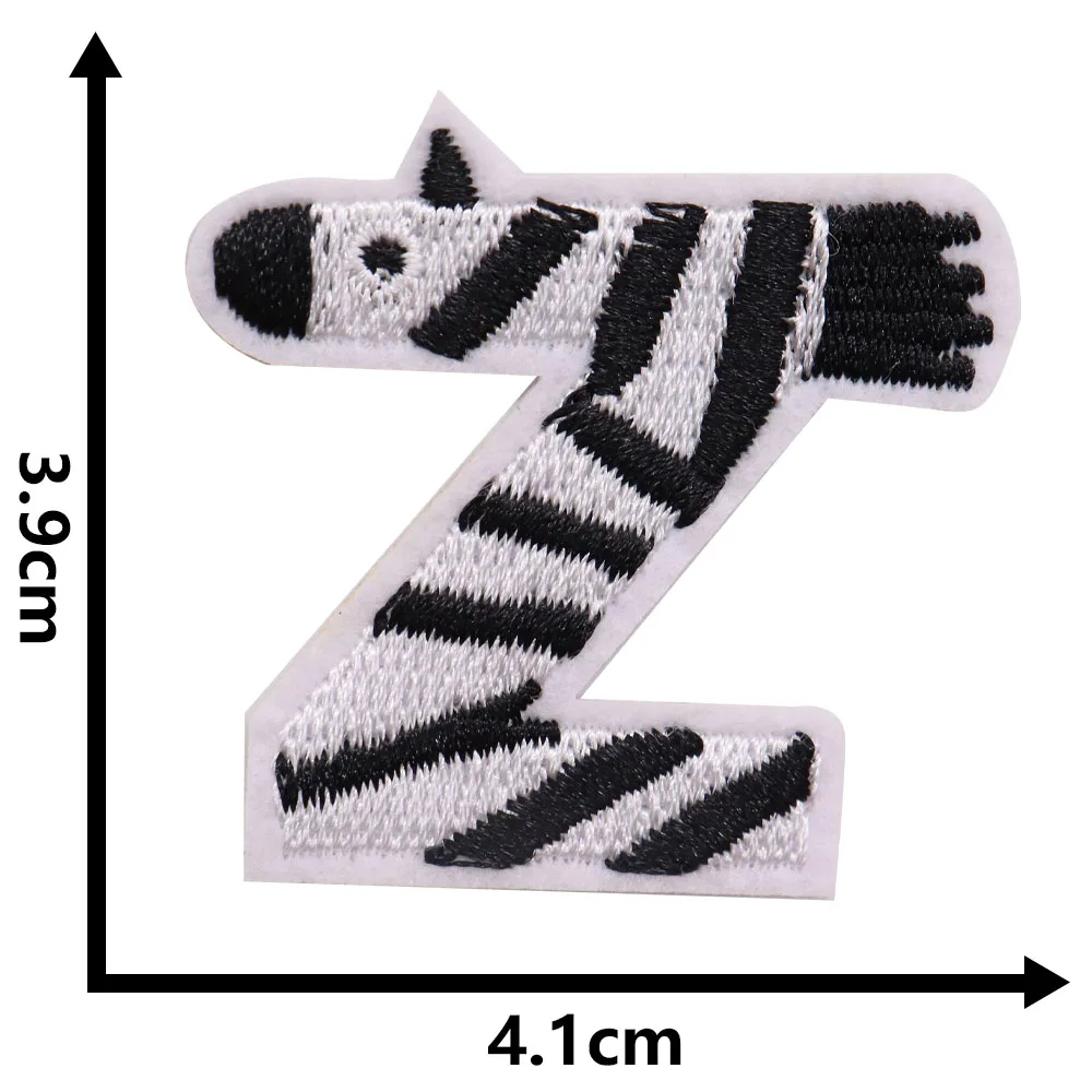 Zebra-patterned letter 'Z' patch with dimensions on a white background