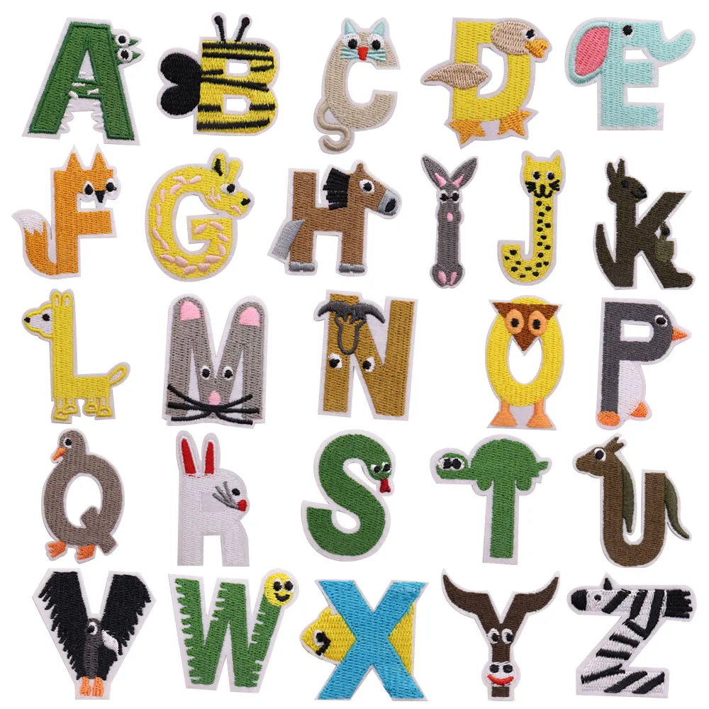 Alphabet letter patches with animal designs on a white background