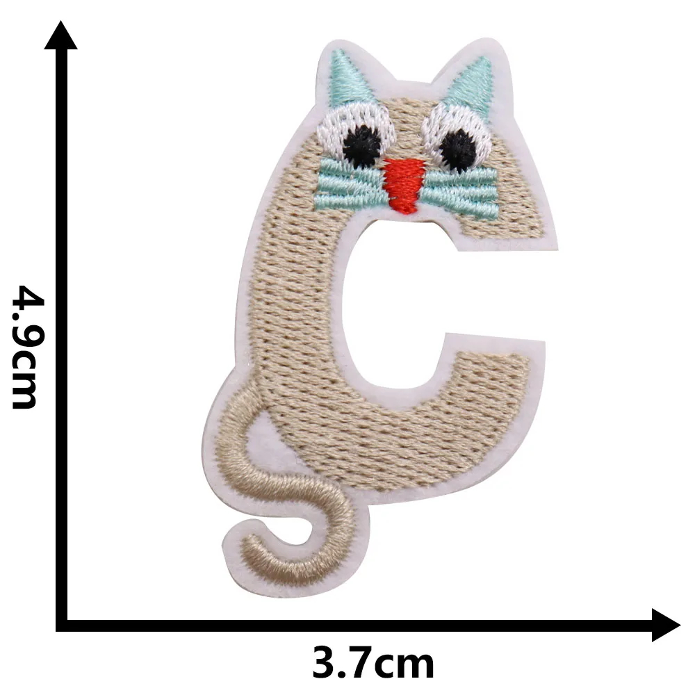 Embroidered cat-shaped patch with dimensions indicated