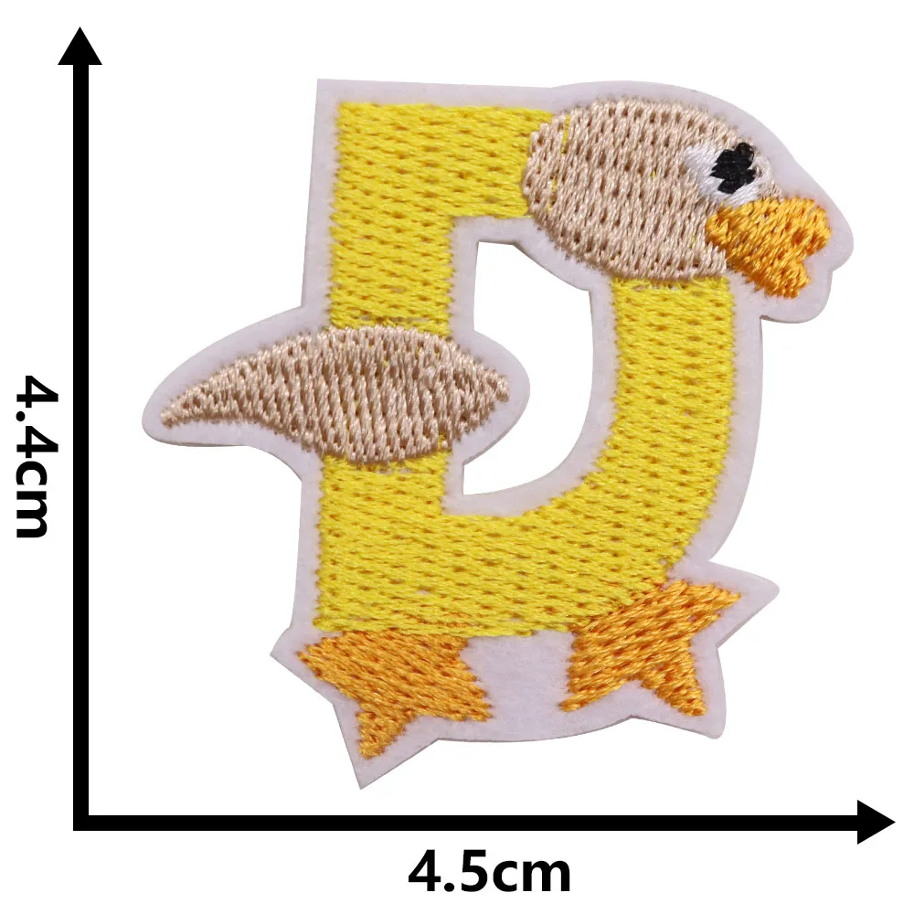 Embroidered patch of a duck with dimensions indicated