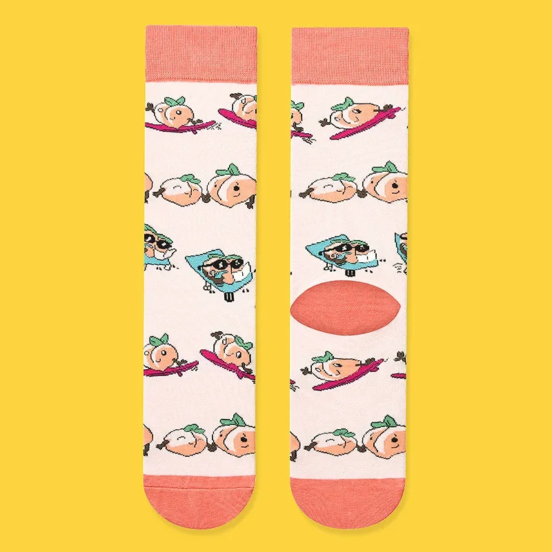 Socks with cartoon peach character design on a yellow background