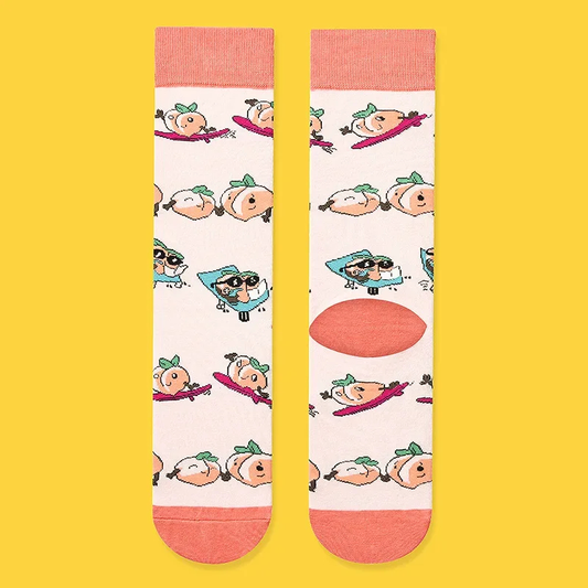 Socks with cartoon peach character design on a yellow background