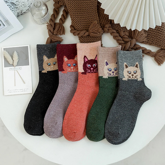 Peeking Cat Crew Socks, Set of 5